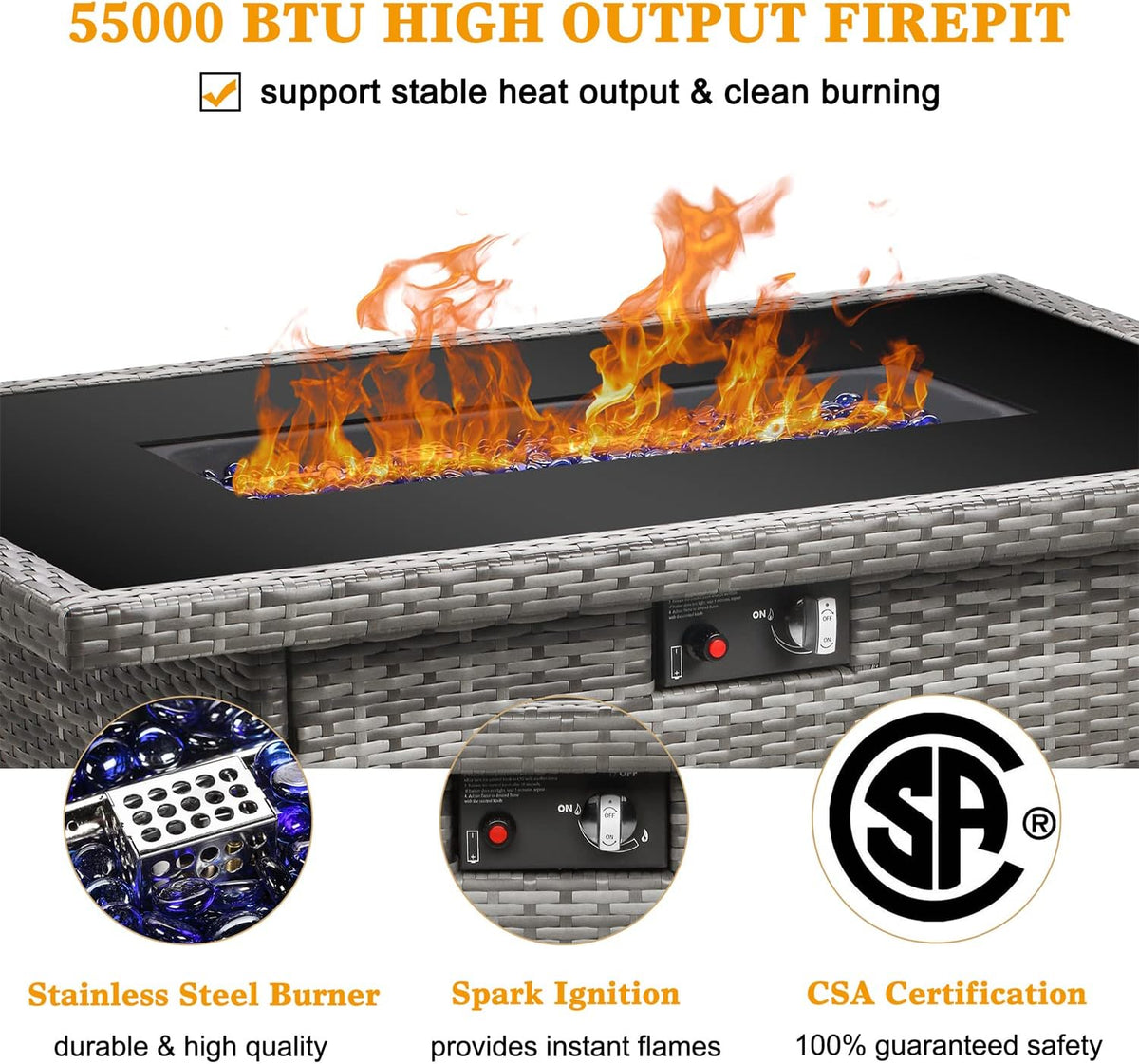 LayinSun 44" Propane Gas Fire Pit Table, 55000 BTU Rectangular Fire Pit with Glass Wind Guard for Outside Patio Deck Garden Backyard