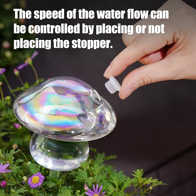NiHome Iridescent Glass Mushroom Plant Self Watering Globes 3-Pack, Electroplated Hand-Blown Glass Automatic Plant Hydration System for up to 3 Weeks, Easy Refill Design with Adjustable Flow Rate