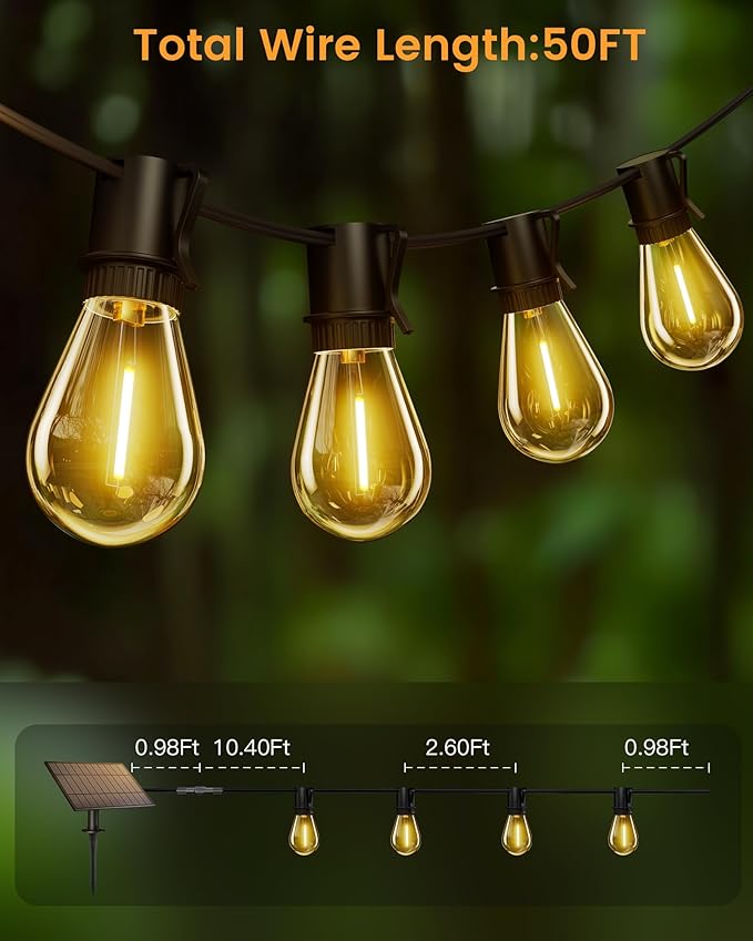 Torkase 50FT Solar Patio Lights Outdoor 15+1 Shatterproof LED Bulbs USB Rechargeable Waterproof Remote Control for Garden Porch Deck Camping