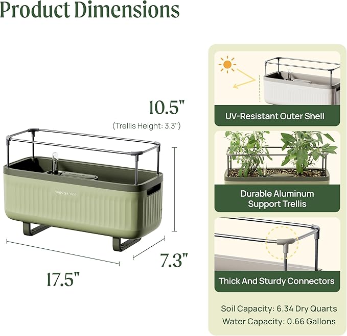 Vego Garden 2 Pack Herb Indoor Plant Box, Self Watering Planters Pots with Trellis for Kitchen Window Sill or Countertop Plants Cage - Sage Green