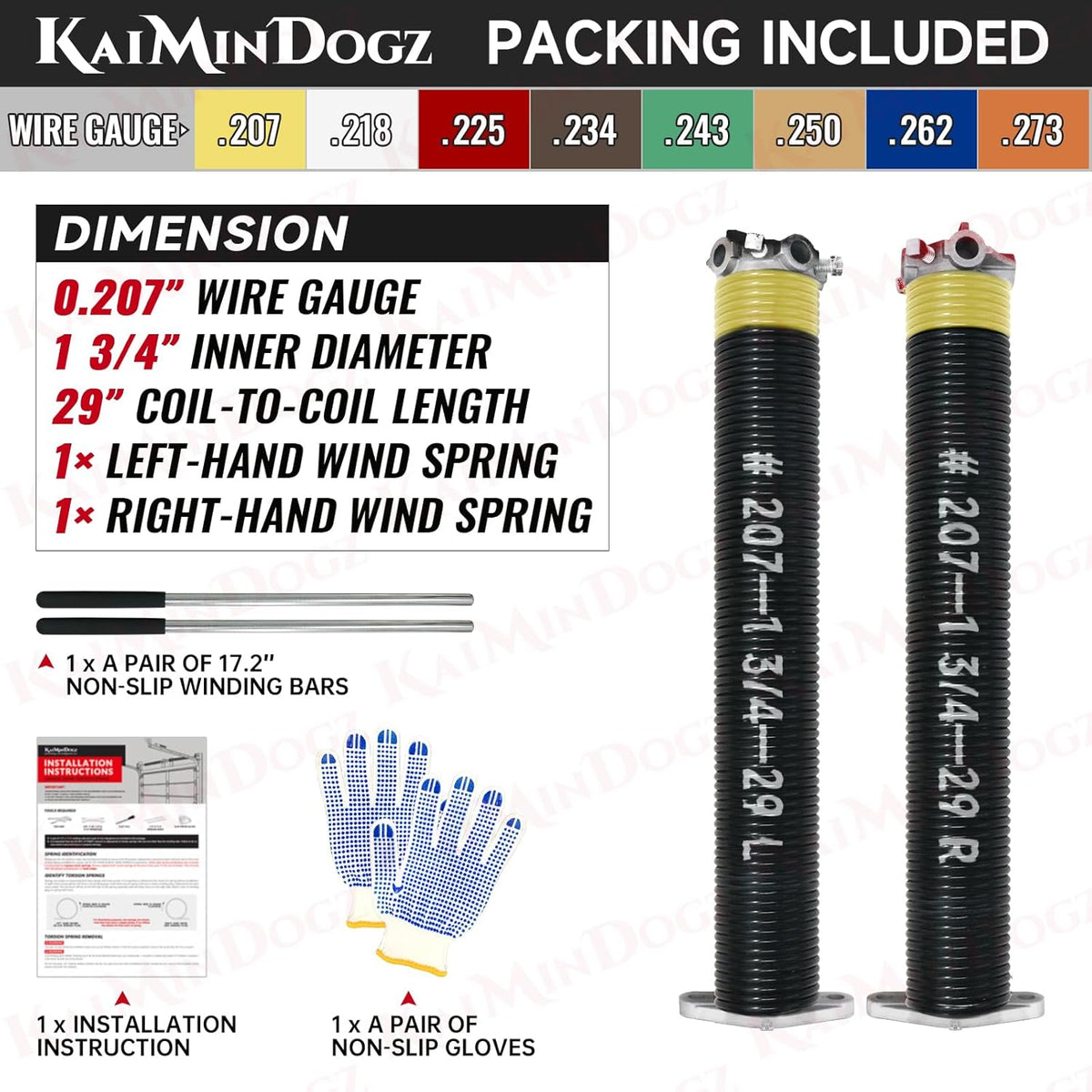 Pair of 1.75" Garage Door Torsion Springs Set with Non-Slip Winding Bars&Gloves, High Precision Electrophoresis Oil-Free Black Coated for Replacement, MIN 16,000 Cycles (0.207 x 1.75"x 29")