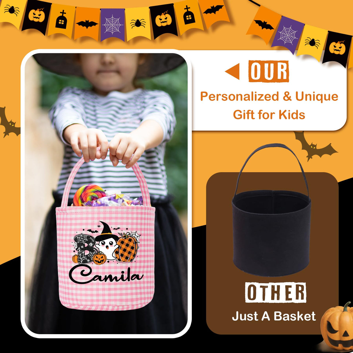 Personalized Halloween Basket - Monogrammed with Name,Pumpkin,Custom Trick or Treat Bucket,Halloween Gifts Basket,Candy Bags for Halloween Party Favor