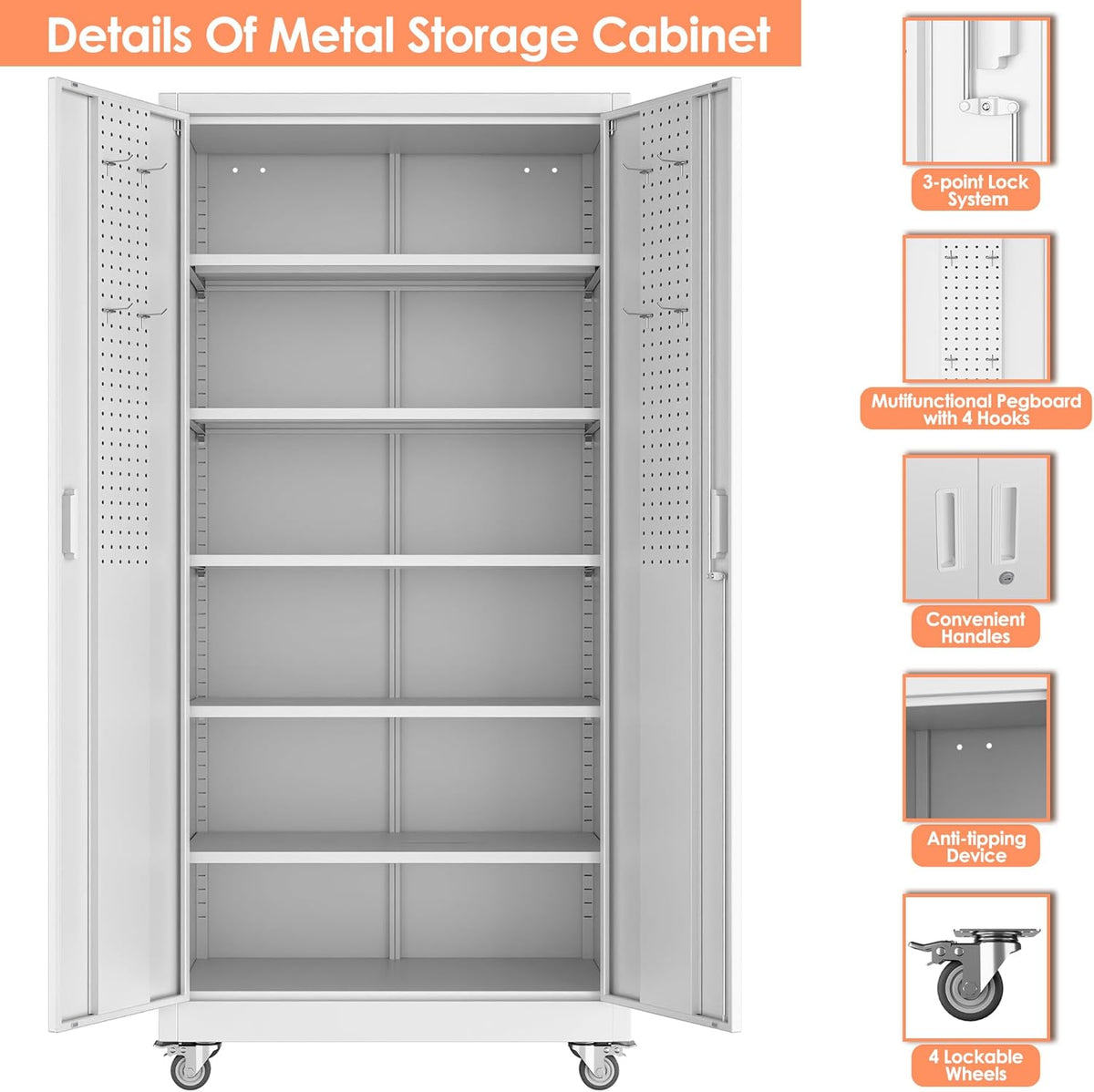 71" H×32" W×16" D Garage Storage Cabinet with Wheels, Locking Metal Storage Cabinet with 5 Adjustable Shelves, 4 Hooks and Pegboard for Garage, Home Office, Kitchen, Assembly Required, White