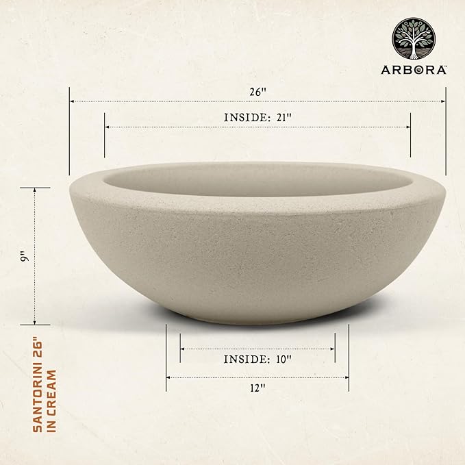 ARBORA 21" and 26” Santorini Bowls with Classic Cream Finish - Polyresin Indoor and Outdoor Planters, Durable, Weatherproof, Lightweight, Large Plant Pots for Patio, Garden, Deck