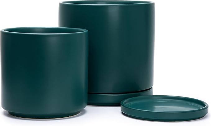 D'vine Dev 8 Inch & 10 Inch Ceramic Planter Pot for Plants with Drainage Hole and Saucer, Large Plant Pots Set, Teal, 94-G-L-9