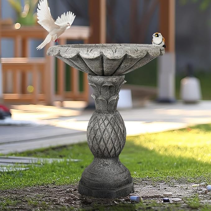 SKYFIRE 24.8" H Cement Modern Outdoor Bird Bath - Fibre Reinforced Concrete Bird Baths for Garden, Large Size Elegant Carved Garden Birdbaths with Pedestal for Patio, Backyard, Lawn Decor