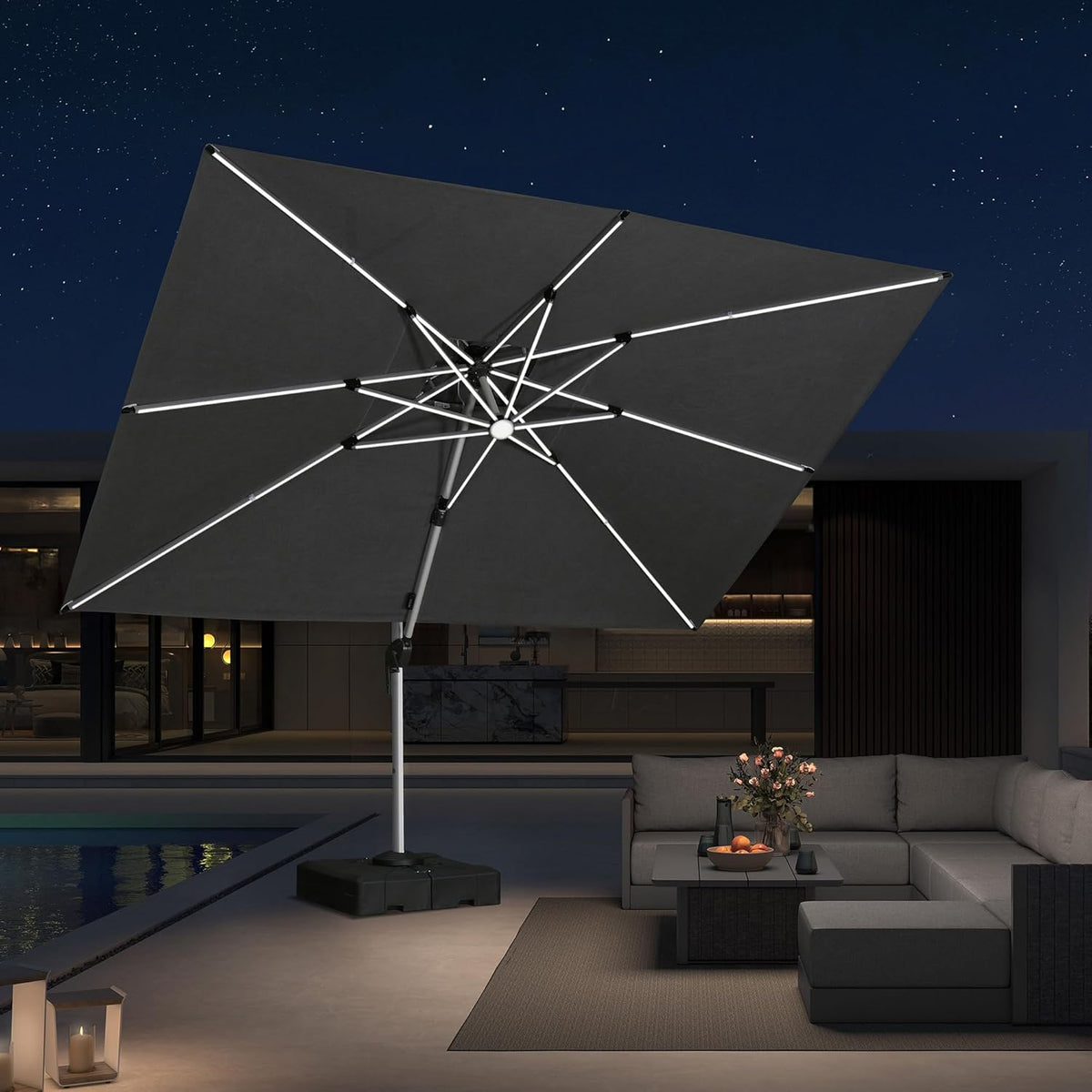 PURPLE LEAF 9' X 12' Solar Powered LED Patio Large Umbrella Offset Double Top Hanging Umbrella Outdoor Market Umbrella for Garden, Slate Gray