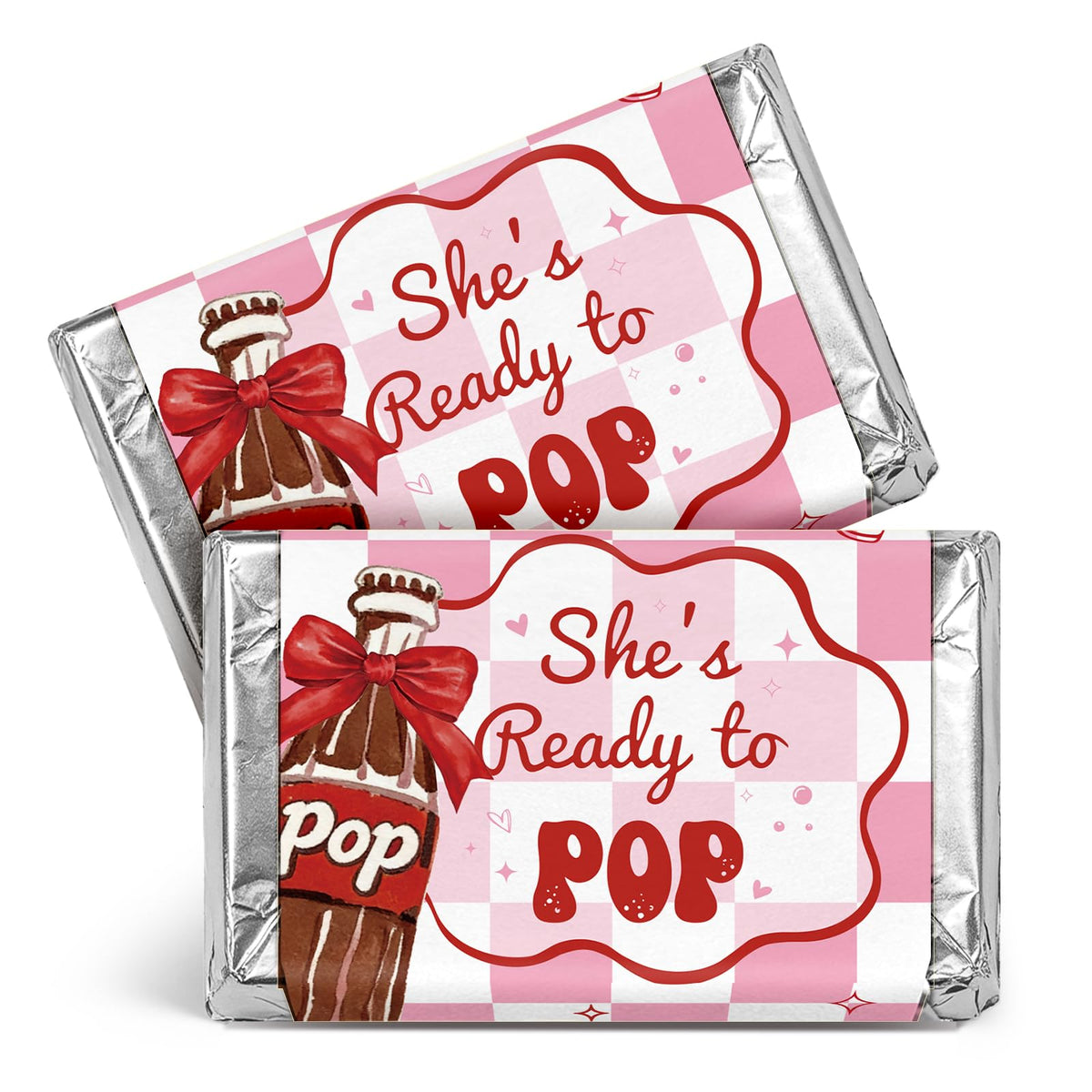 JarThenaAMCS 102Pcs She's Ready to Pop Candy Wrappers Baby Shower Chocolate Bar Wrappers Red Pink Soda Label Stickers for Gender Reveal Party Favors