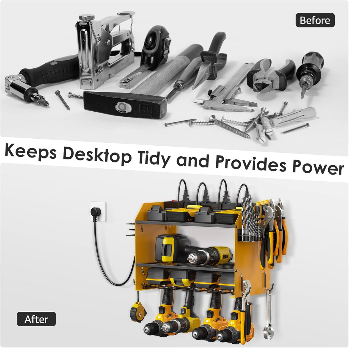 CCCEI Set Power Tool Organizer Wall Mount with Charging Station. Garage 4 Drill Storage Shelf with Hooks, Heavy Duty Metal Tool Battery Charger Organizer. Shop Utility Rack with Power Strip Yellow.