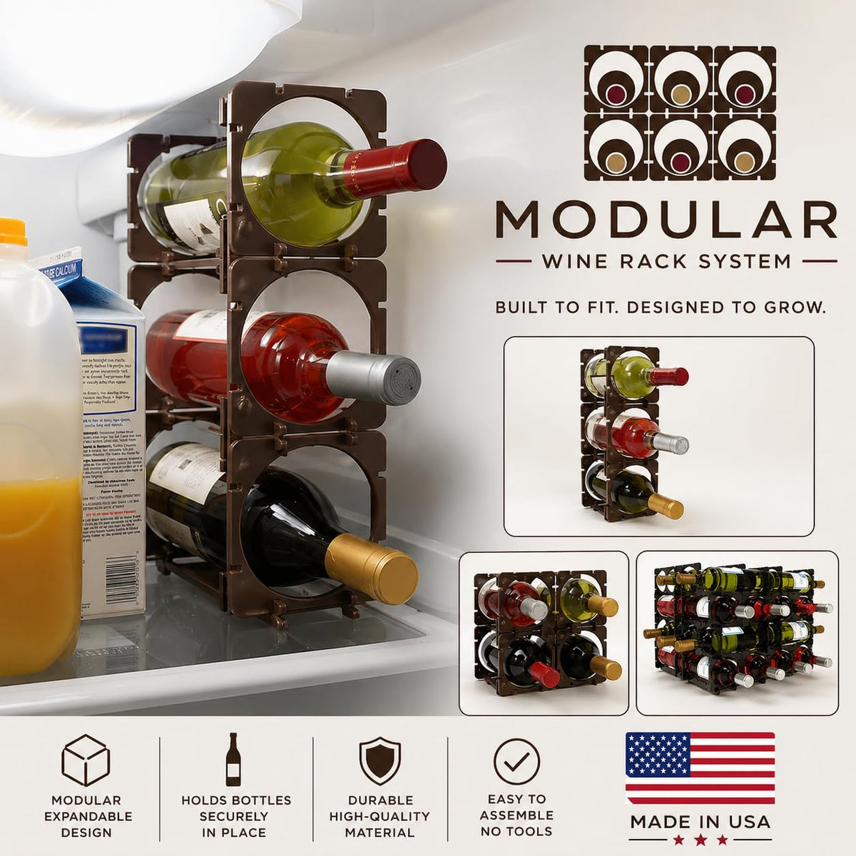 smart spring Modular Wine Rack System – Stackable & Expandable Wine Storage Rack, Customizable Bottle Organizer for Countertop, Cabinet or Fridge – Made in USA (6, Espresso Reserve)