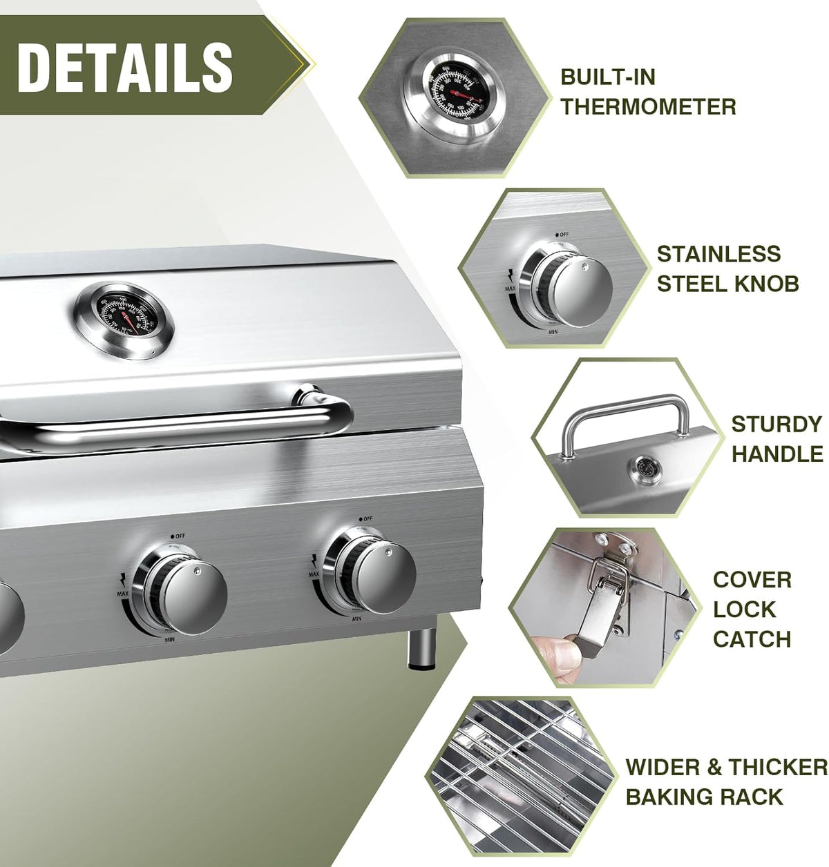 Bestfire 3-Burner Tabletop Gas Grill, 30,000 BTU Portable Propane Grill with Heavy-Duty Thickened Grates & Stainless Steel Knobs, Compact Design&Detachable Legs for Camping, RV, Backyard BBQ