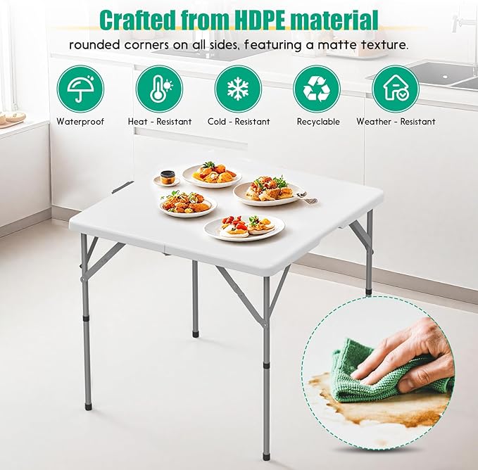 HLPB 34'' Square Folding Card Table, Fold-in-Half Portable Dining Table with Handle and Safety Lock, Foldable Plastic Dining Table Indoor Outdoor for Camping, Picnic and Party Event, White