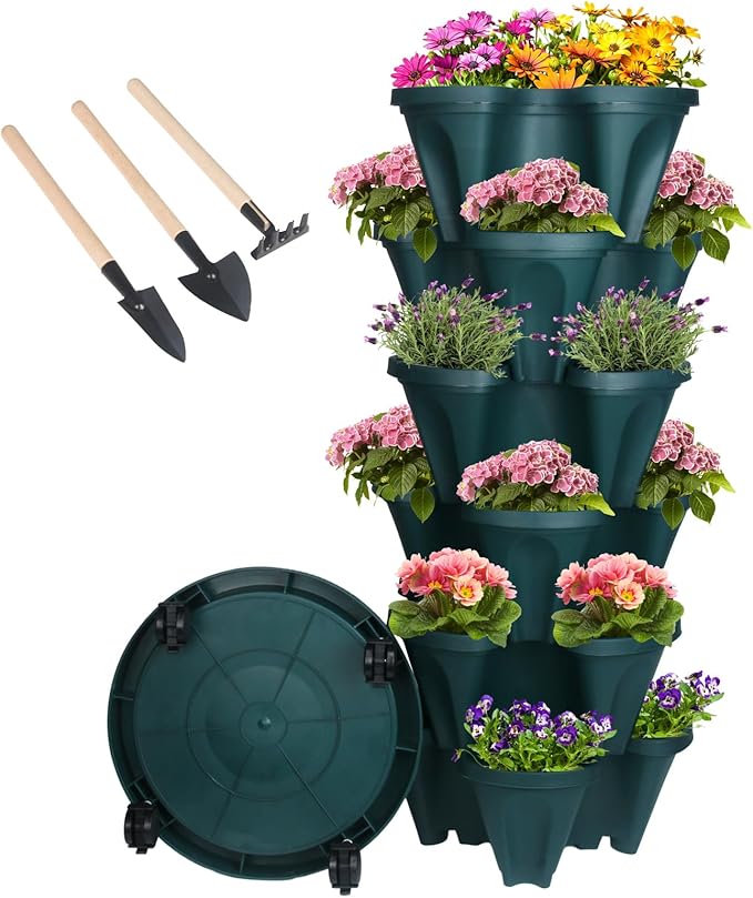 Vertical Planter 6 Tier Stackable Planters Garden Planters Strawberry Herb Flower and Vegetable Planter Indoor Outdoor Gardening Pots with Removable Wheels and Tools