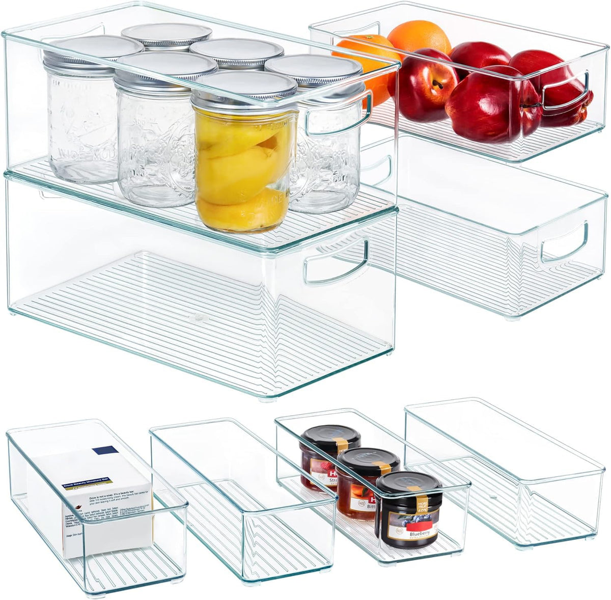 Hudgan 8 PACK Stackable Pantry Organizer Bins (3 Size) - Clear Fridge Organizer for Kitchen, Freezer, Refrigerator, Cabinet - Plastic Storage Container with Handle for Home