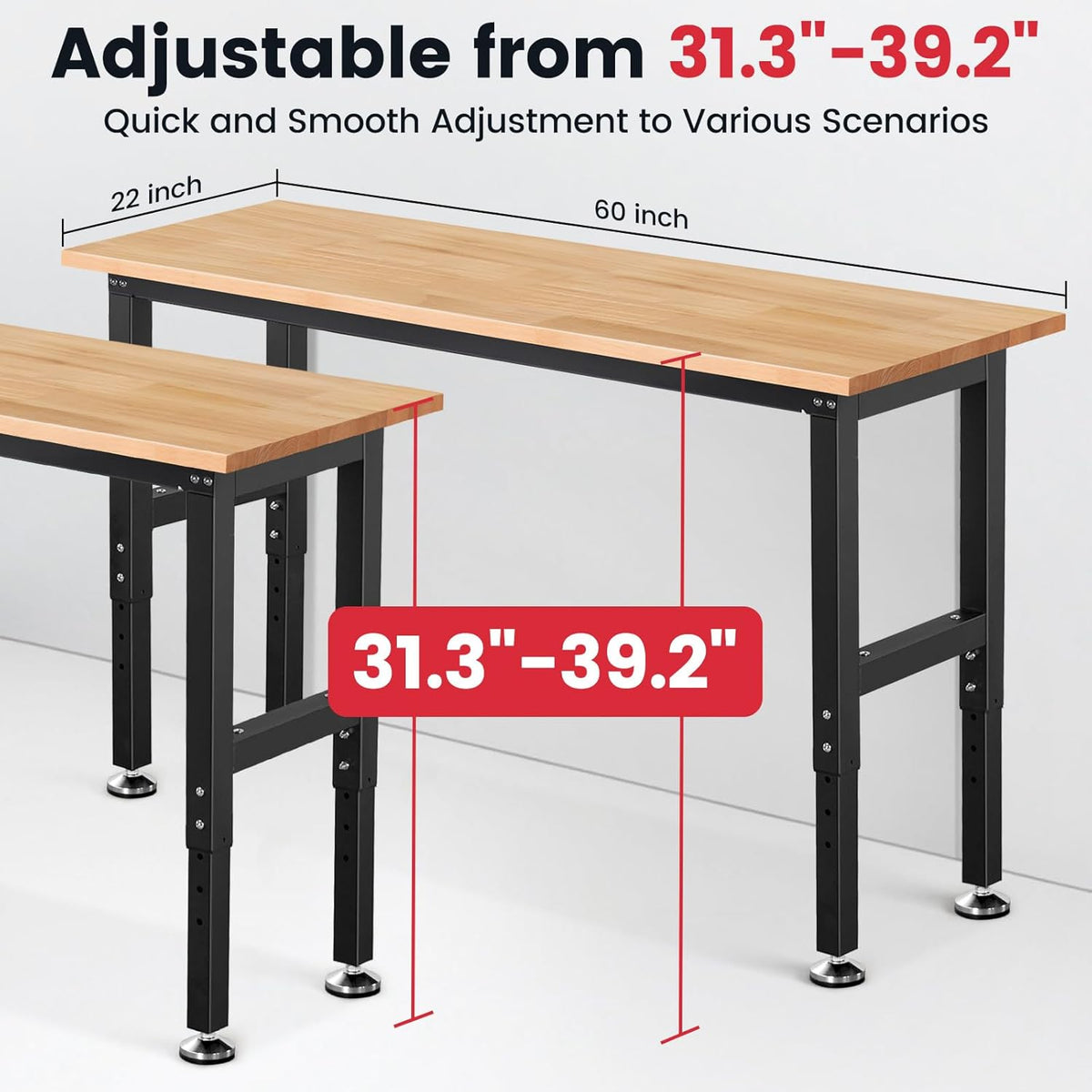 Work Bench 60 Inch Work Table for Garage Heavy Duty Rubberwood Tabletop Workbench for Woodworking Shop Home Office Electronic Cutting Wood