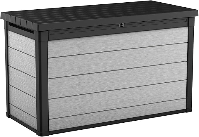 Keter Denali 200 Gallon Resin Large Deck Box with Double Wall 20mm Panels - Paintable and Drillable-Organization and Storage for Patio Furniture and Outdoor Items, Grey & Black
