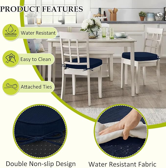 Chair Cushions for Dining Chairs, Indoor Chair Cushions with Ties，Waterproof Chair Pads Set of 6, Navy Blue, 17x16x2.5 Inch