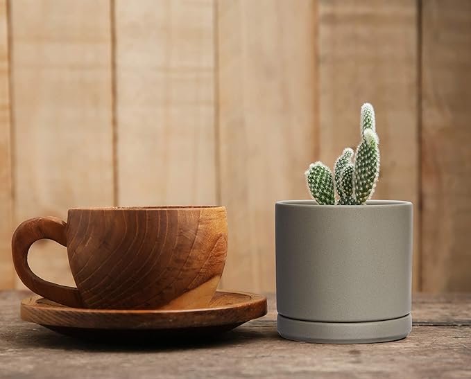 D'vine Dev Ceramic Planter Pot with Drainage Hole and Saucer, Indoor Cylinder Round Flower Pot, 4.6 Inch, Grey, 94-O-B-3