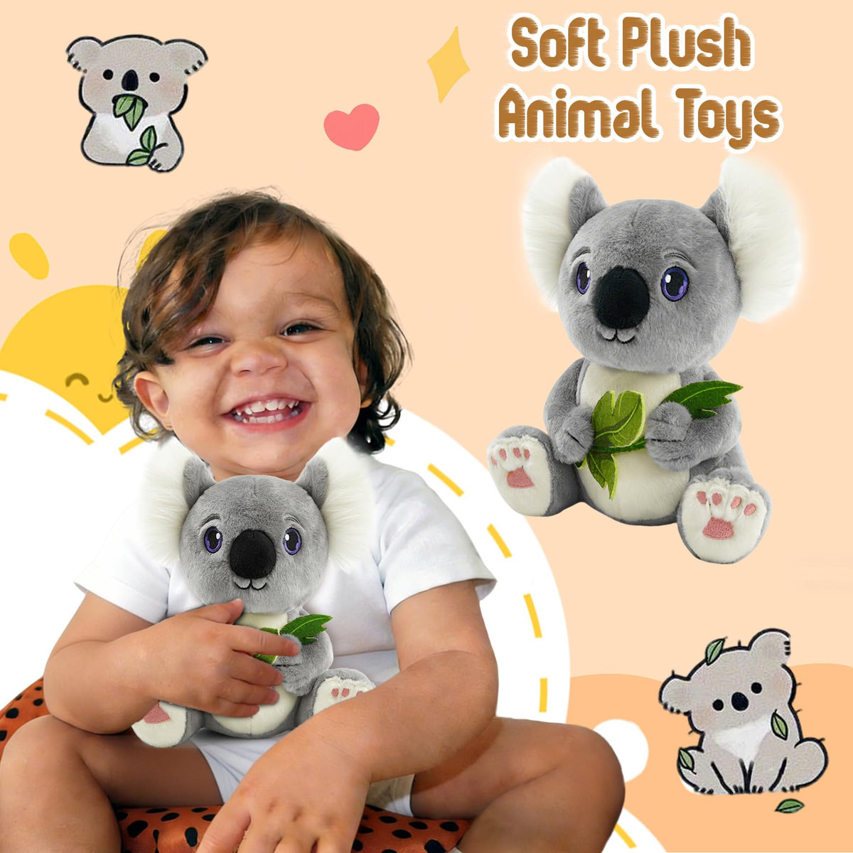 JUSTQUNSEEN Koala Stuffed Animal Plush Toy with Eucalyptus Leaf 10 Inch Cute Soft Koala Bear Plushies Safe Embroidered Eyes Zoo Animals Decor Birthday for Kids Toddlers Boys Girls