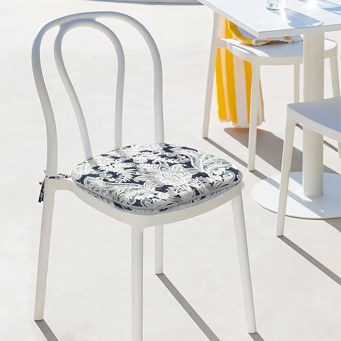 Indoor/Outdoor Chair Cushions 16x17 Inch, Patio Chair Cushions with Ties, All Weather Seat Cushions for Patio Furniture Home Garden Chair Use, Set of 2,Damask Lapis