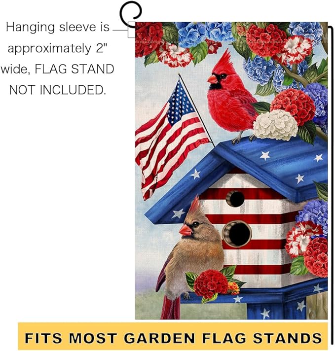 BLKWHT 4th of July Cardinal Bird Garden Flag 12x18 Vertical Double Sided Red Blue Floral Memorial Day Independence Day Holiday Outside Decorations Burlap Yard Flag BW824