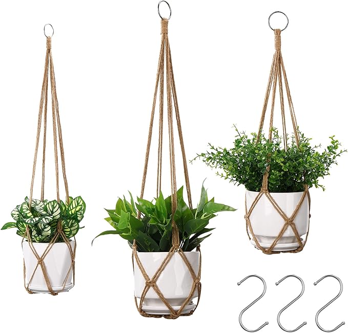 YIBOT 3 Pack Macrame Plant Hanger Indoor Hanging Planter Basket with 3 Hooks, 35"/29"/23" Hang Flower Pot Plant Holder for Indoor Outdoor Decorations, Brown (POTS NOT Included)