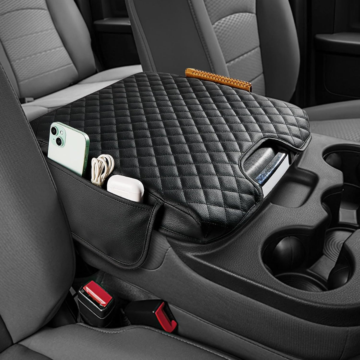 JOYTUTUS Center Console Cover Compatible with 2013-2018 Ram 1500 & 2013-2025 Ram 2500/3500/1500 Classic Model Jump Seat, Leather Arm Rest Armrest Cover for Car, Middle Console Cover Lid, with 2 Pocket