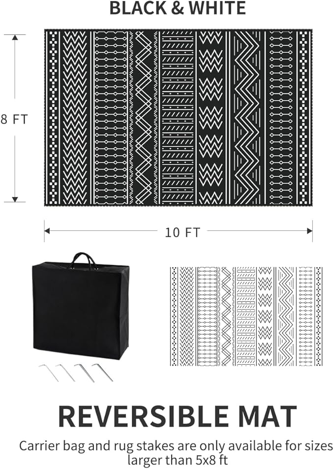 Outdoor Rug Carpet Waterproof 8x10 ft Patio Rug Mat Indoor Outdoor Area Rug for RV Camping Picnic Reversible Lightweight Plastic Straw Outside Rug for Patio Decor Decoration Boho Rug Black White