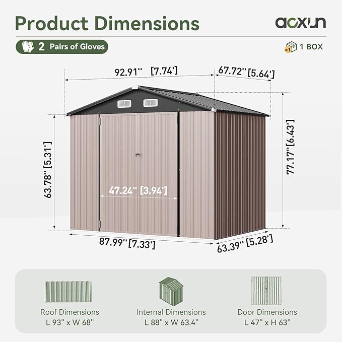 Aoxun 7x5 FT Outdoor Storage Shed Garden Metal Shed with Lockable Door Outdoor Large Shed for Tool, Garbage Can, Bike, Mower, Brown