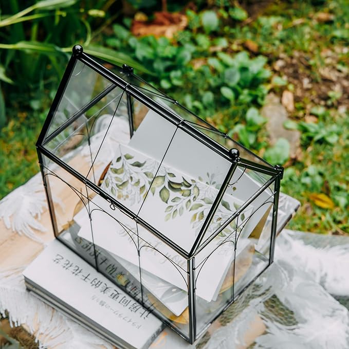 NCYP Glass Terrarium with Lid for Cacti, Succulents, Small Plants - 7.5 x 4.9 x 9 inches Closed Geometric Planter Box - Home Indoor Tabletop House Shape Decorative, Black (Terrarium Only)