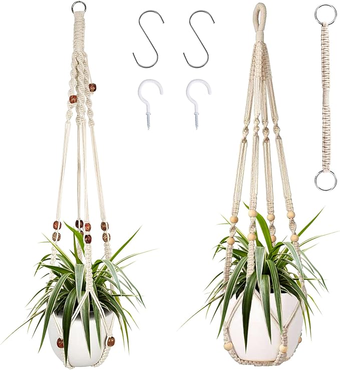 Augshy Macrame Plant Hanger, 2Pcs Hanging Plant Holder with Extender Plant Hangers for Indoor Outdoor Decor Macrame Hanging Planter Basket with 4 Hooks