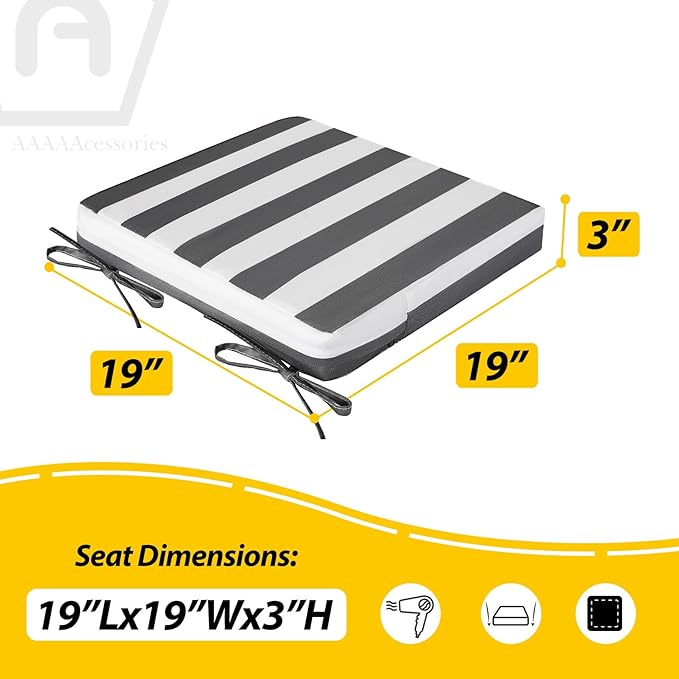 AAAAAcessories Outdoor Seat Cushions for Chairs, Waterproof, Fade-Resistant Patio Furniture Replacement Cushions, 19" x 19" x 3", Set of 2, Gray Cabana Stripe