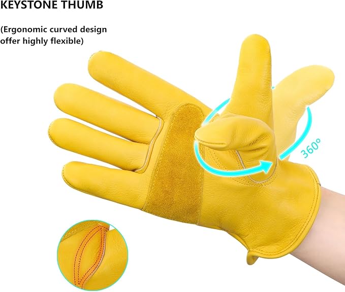 DULFINE Leather Work Gloves for Men & Women, Reinforced Durable Gardening Gloves,Cowhide Work Gloves,Puncture & Cut Resistant