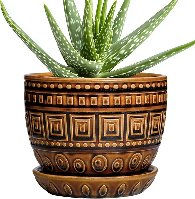 G EPGardening Succulent Pot 5.5 Inch - Ceramic Plant Pot for Indoor Plants Outdoor, Round Boho Planter with Drainage Hole and Saucer, Gifts for Plant Lovers, Office Home Garden Decor, Brown