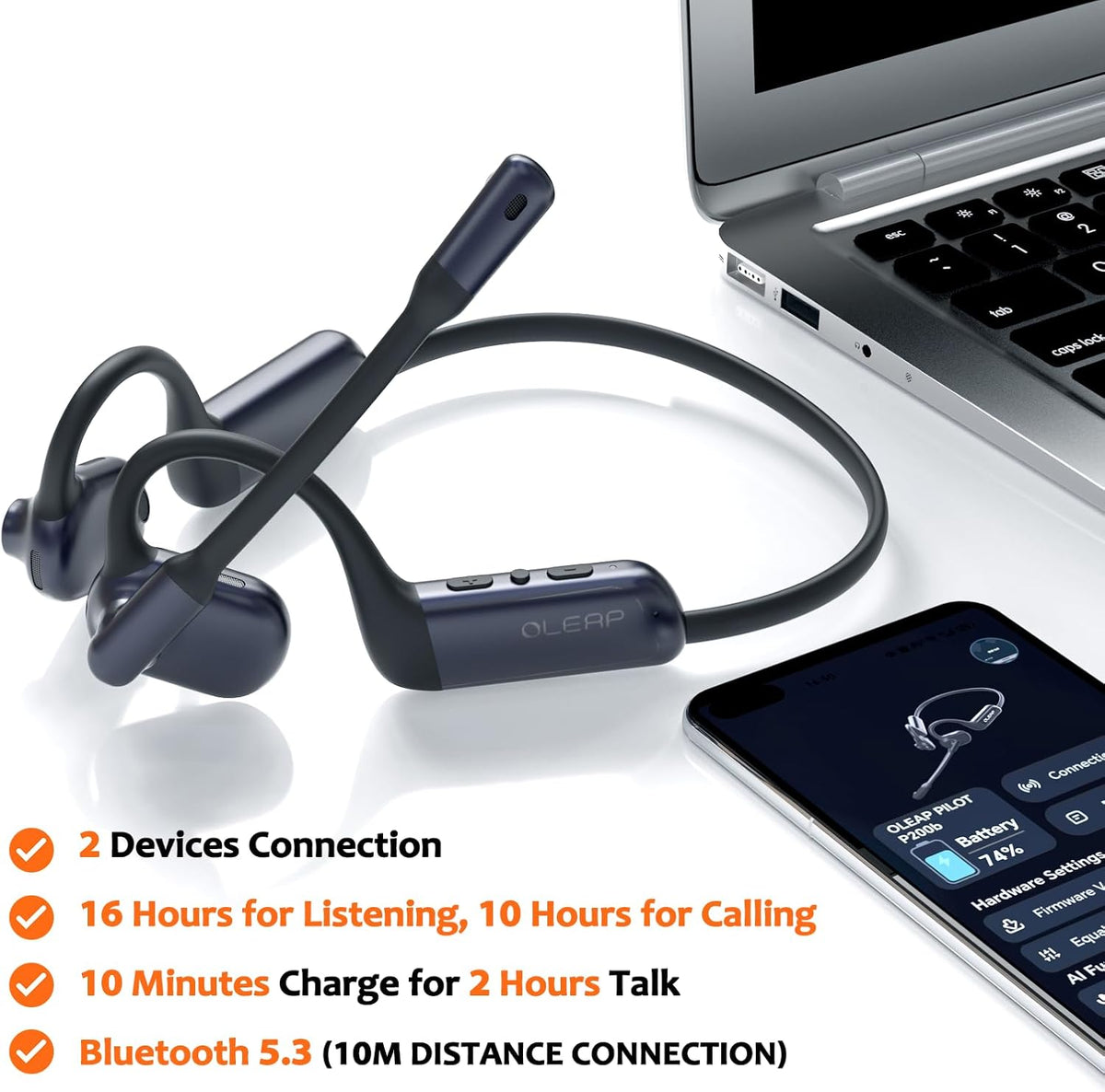 Pilot P200b Pro Wireless Headset with Mic for Work, 50dB Noise Cancelling Headphones with ENC, Bluetooth 5.3 - Wireless Computer Headset for Meetings and Calls