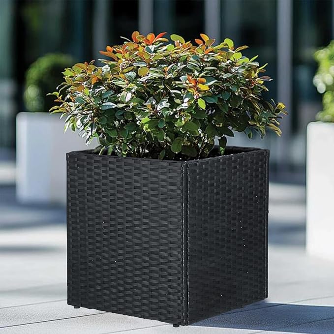 SUNNYPARK Set of 2 Large Square Planter with Removable Liner, All-Weather PE Rattan Modern Planters Indoor Outdoor Flower Plant Pots Garden Box Patio Yard Front Porch Deck
