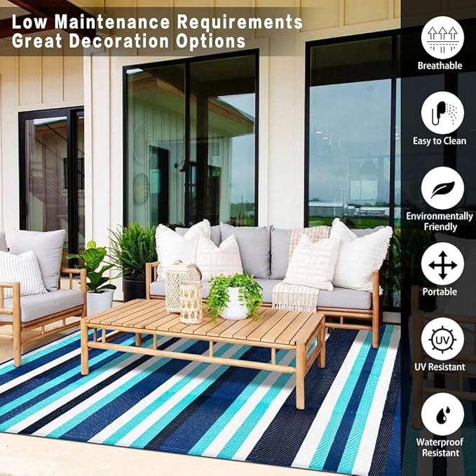 Outdoor Waterproof Rug 8'x10' Plastic Straw Rugs Washable Reversible Floor Mat Blue Stripe Carpet for Camping RV Deck Entryance Porch Picnic Balcony Beach Backyard