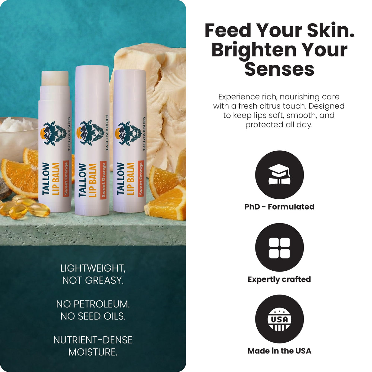 Tallowbourn Moisturizing Grass-Fed Beef Tallow Lip Balm 3pk – Sweet Orange