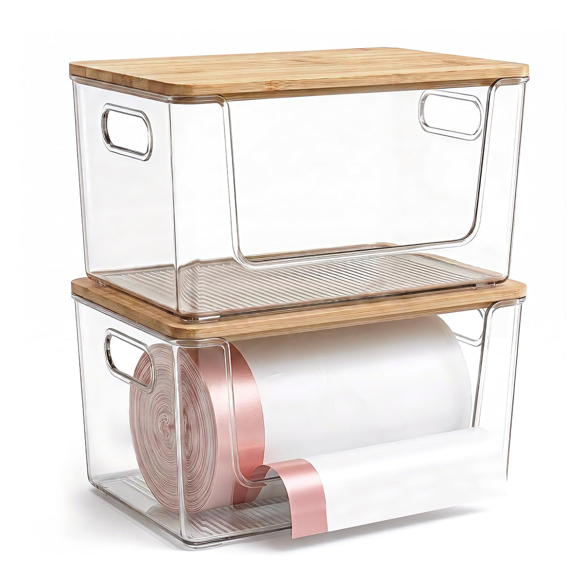 Sesopoen Trash Bag Holder 2 Pack, Stackable Garbage Bag Dispenser with Bamboo Lid, Large Capacity Under Sink Organizer for 13/30/33 Gallon Bags, Clear Storage Bins for Kitchen, Laundry Room