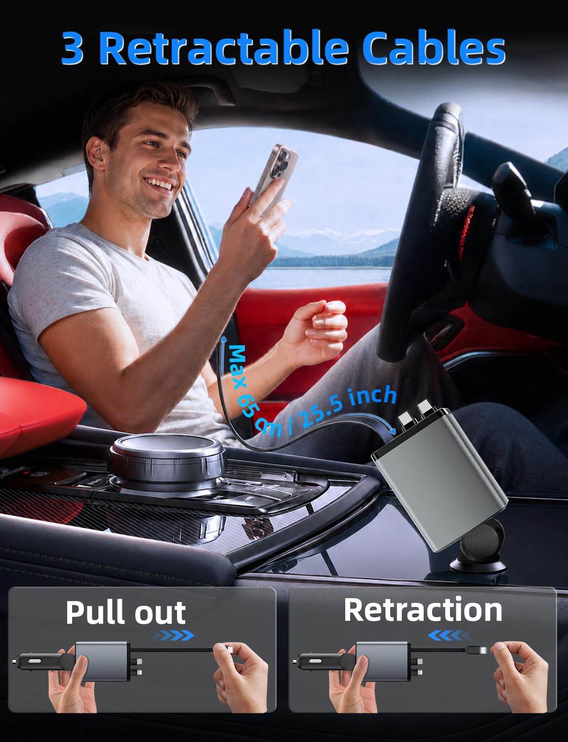 Retractable Car Charger, 7 in 1 Car Phone Charger with 3 Cords, USB C Car Charger Adapter for iPhone 17/16/15/14/13 Pro Max XR