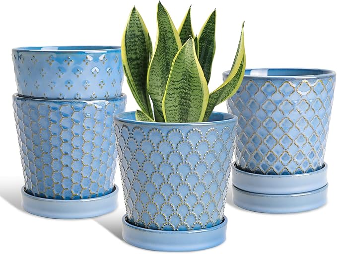 EFISPSS Plant Pots, 5 Inch Pots for Indoor Plants, Planters with Drainage Hole and Saucer, Ceramic Flower Pots Desktop Office Windowsill Decoration Gift Set of 4 - Sky Blue
