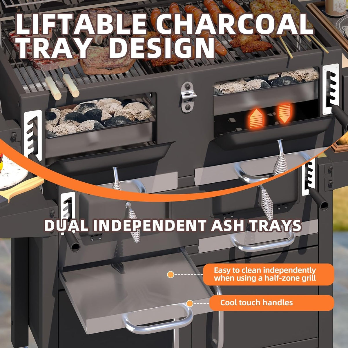 MELLCOM 36 In Extra Large Charcoal Grill - 620 Sq.In Oversized BBQ Area with Storage Cabinet & Individual Lifting Charcoal Trays, Thermometer and Foldable Side Tables for Outdoor