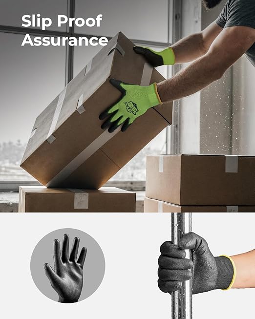 OKIAAS Work Gloves for Men，Ultra Thin and Lightweight Working Gloves with Grip, 12 Pairs Bulk Pack Construction Gloves with Polyurethane Coating, Safety Gloves for Light Duty Work (Green, Large)