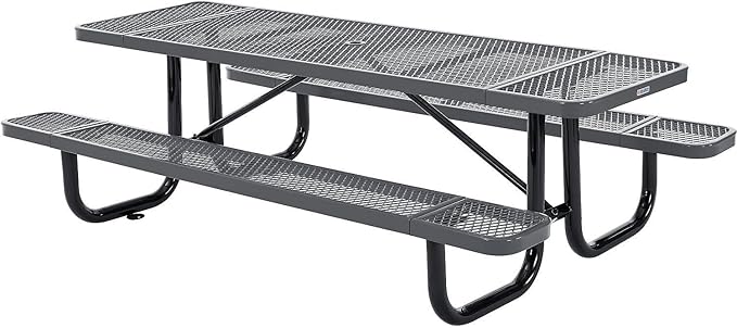 Global Industrial 8’L Rectangular Picnic Table, Expanded Metal, Gray Thermoplastic Coating, Attached Benches, 1-1/2” Umbrella Pole Hole, Outdoor-Rated, 1000 lb Capacity, 96” x 30” Tabletop