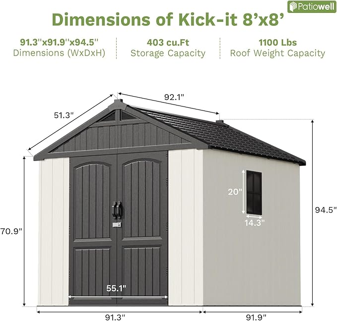 Patiowell 8 x 8 FT Resin Outdoor Storage Shed with Floor, Large Shed with Light and Lockable Door for Garden, Backyard, Tool Storage Use, Easy to Install in Beige (Kick-it Shed)