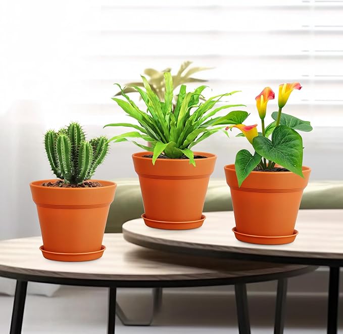 4 inch Small Plastic Nursery Pots, 16 Pack Plant Pots for Indoor Outdoor Plants, Flower Pots with Drainage Holes and Saucers, Decorative Seedling Starter Planters for House Plants, Terracotta