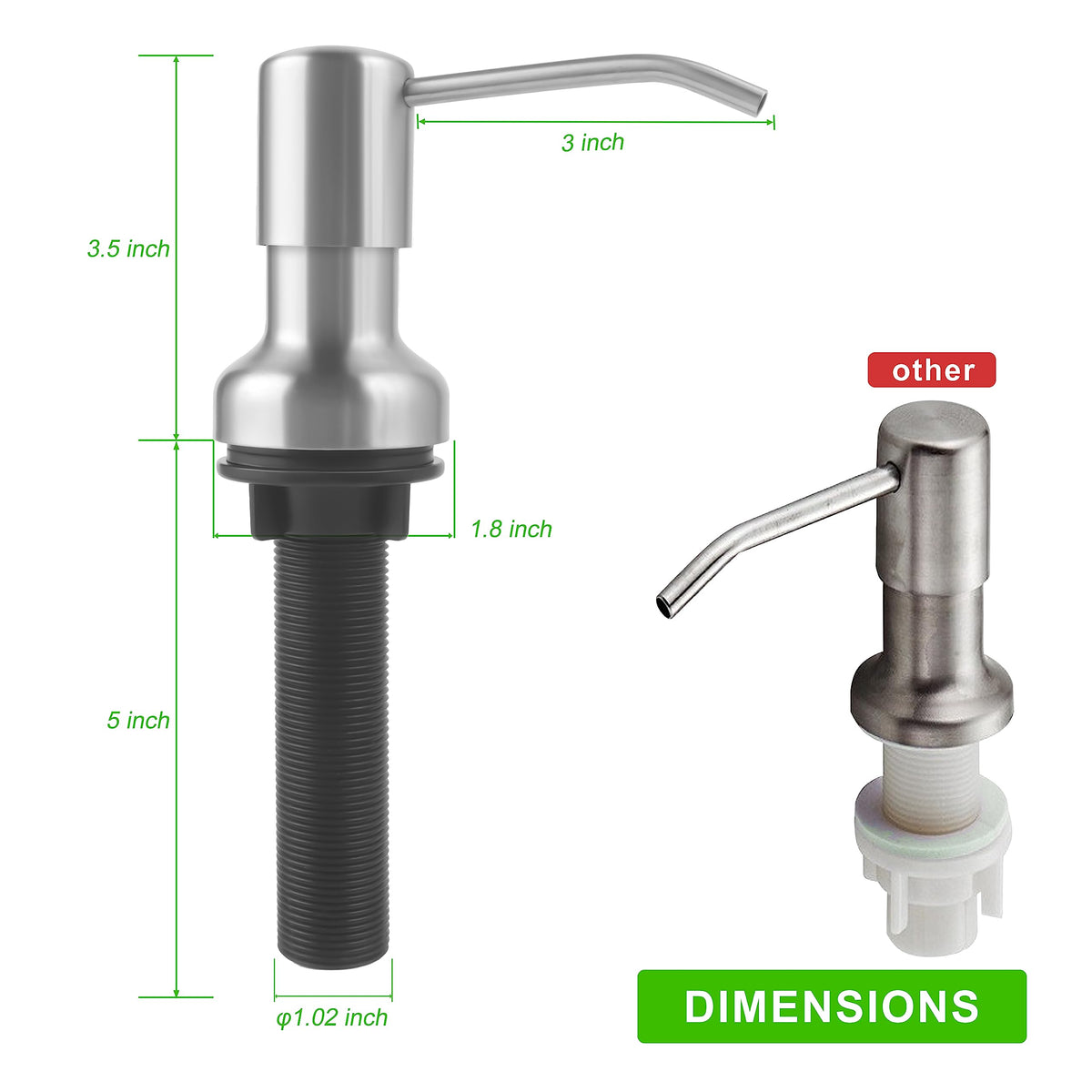 Soap Dispenser for Kitchen Sink, Sink Soap Dispenser with Longer Threaded Shaft Shank, 47" Extension Tube Connects Directly to Dish Soap Container, Wider Pump Head Base （Brushed Nickel）