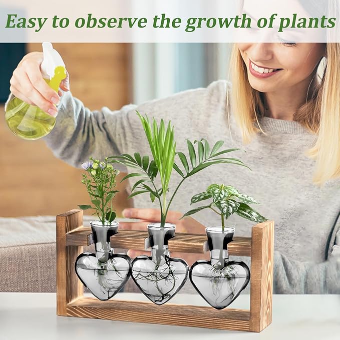 Lifecapido Heart Shaped Propagation Stations, Plant Terrarium with Wooden Stand, Plant Propagation Station for Hydroponics Plants Office Garden Home Decor, Gifts for Women Plant Lover (3 Vases, Gray)