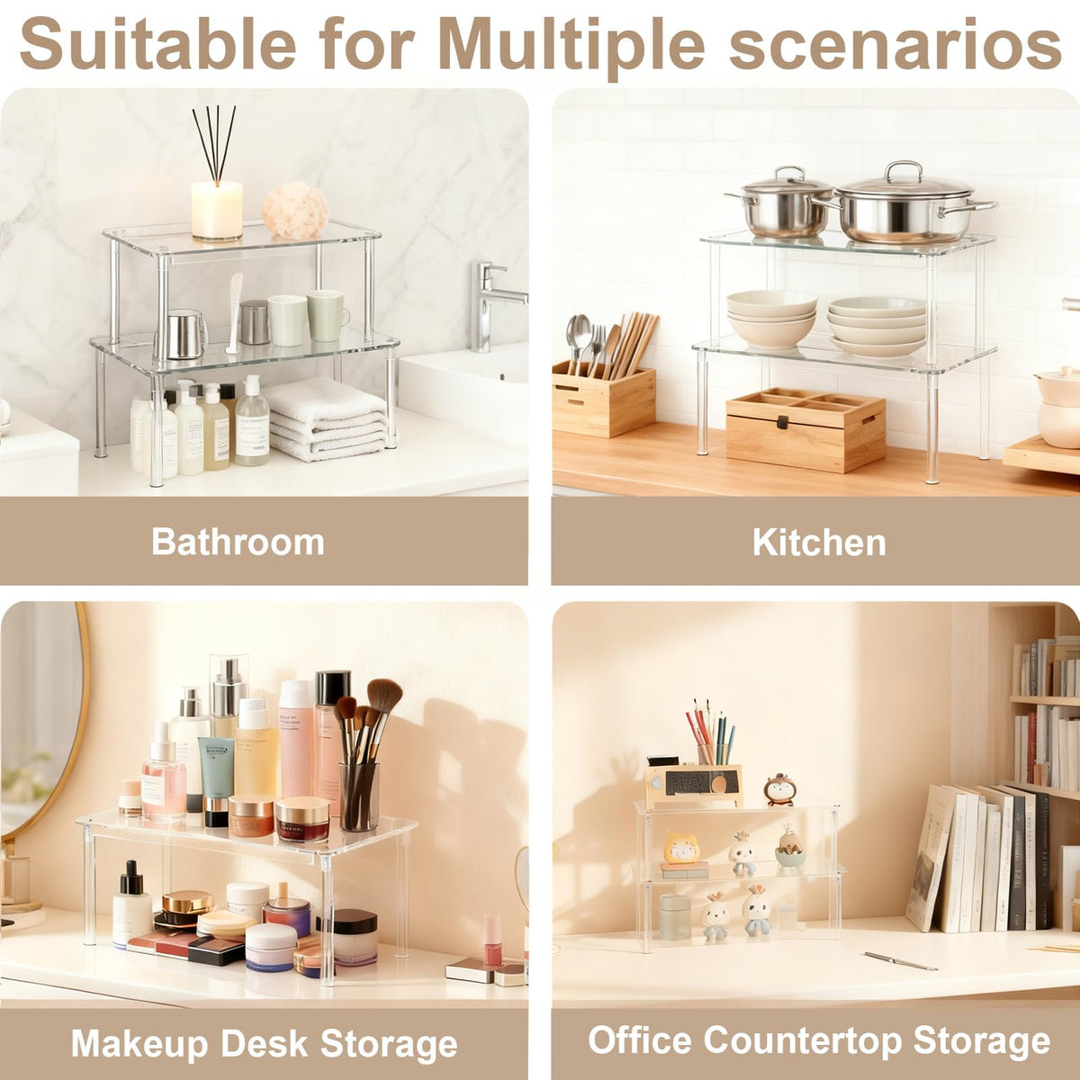 Clear Kitchen Cabinet Organizer, Set of 4 Acrylic Shelves, Spice Rack for Pantry Organizers and Storage, Tiered Spice Organization for Cabinet, Stackable Cabinet Organizer Shelf for Desk Countertop