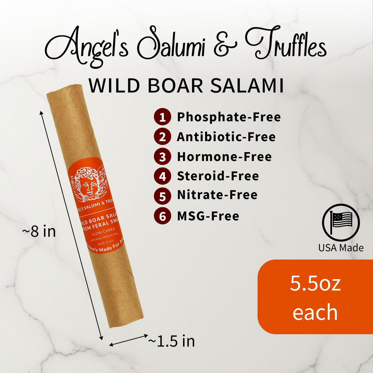 Angel's Salumi and Truffles Wild Boar Salami - 5.5oz Gourmet Artisanal Charcuterie - Texas Wild Boar, No Antibiotics, Hormones, MSG, Phosphates, or